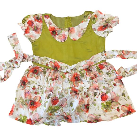 Brand New Baby Girl Green & Floral Dress w/ Matching Bloomers & Bow Tie - Picture 1 of 5